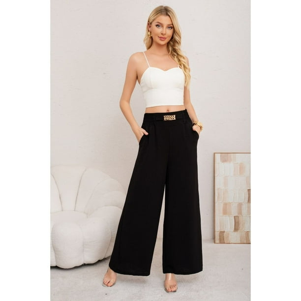 Pantalon Palazzo Algodon Mujer Tipo Lino Bota Ancha Hebilla 3006