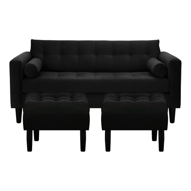 Sofa Retro 3c + 2 Pouf Felpa 00 Negro