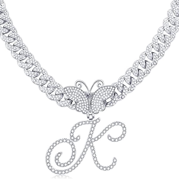 Stylish Hip Hop Cuban Butterfly Necklace with White Letter Initials
