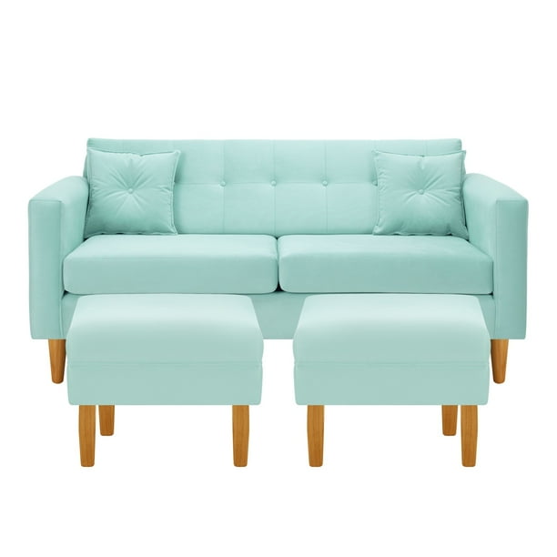 Sofa New Retro 3c + 2 Pouf Felpa 04 Verde Agua