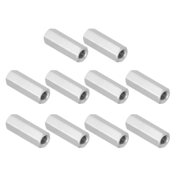 Uxcell 3/8"-16 UNC 304 Tuercas de Acoplamiento Hexagonales de Acero Inoxidable, 10 Piezas de 2" de Longitud Totalmente Roscadas Conector de Varilla Roscada Sujetadores, Tono Plateado