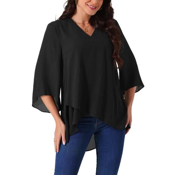 INSPIRE CHIC Blusa de Mujer con Mangas de Campana 3/4, Cuello en V, Dobladillo Asimétrico, Casual y Elegante, Talla S, Negro