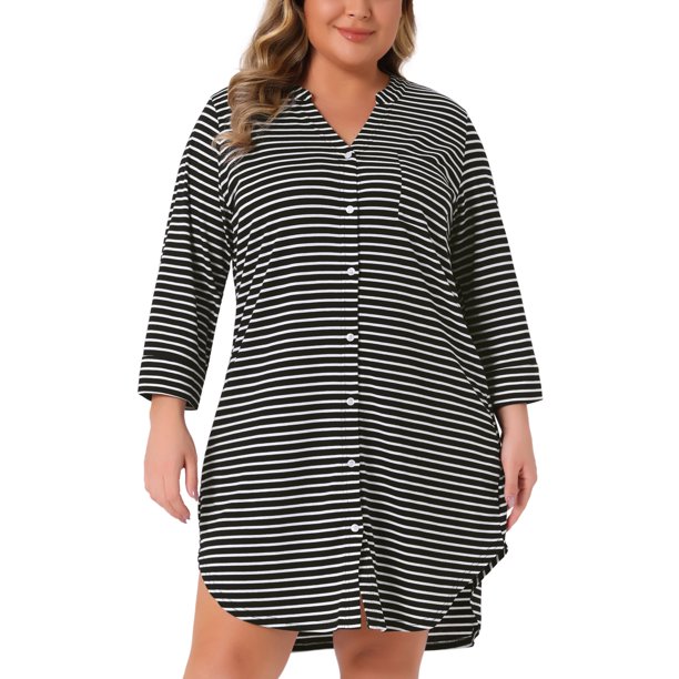 Agnes Orinda Women's Plus Size Camisón de Escuela Colegio a Rayas con Botones en el Cuello en V de 3/4 Mangas Suaves Pijama Vestido de Salón Camisón con Bolsillo 3X Negro
