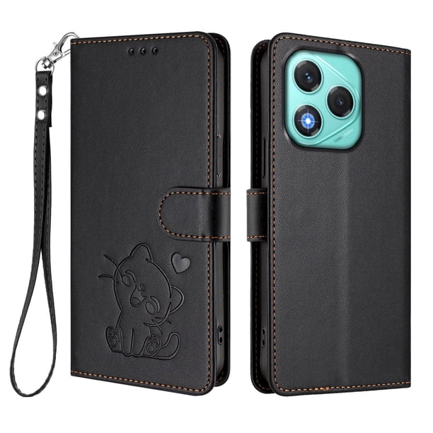 Funda Billetera con Relieve de Gato para Honor 400 Lite, Negro