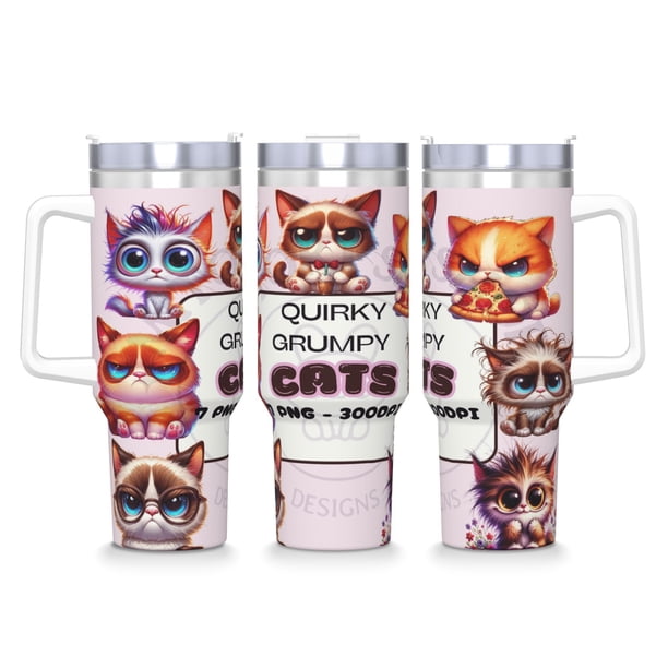 Gato Gruñón Vaso aislado de acero inoxidable con asa, diseño temático, regalo para familia, amigos y fans; incluye pajita y encaja en el portavasos estándar, 40 oz