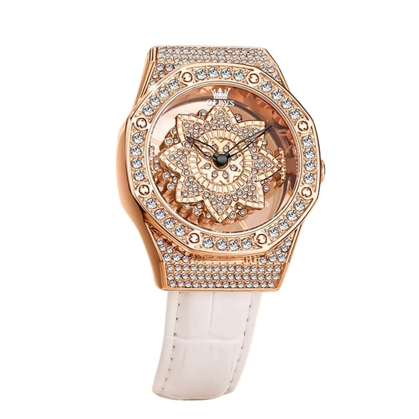 Reloj de Mujer de Lujo Diseño Floral Rotativo y Correa de Cuero para uso diario