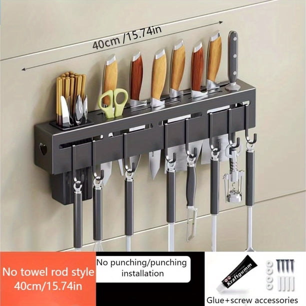 1pc Knife Rack, Wall-mounted Knife Holder With Chopsticks Barrel, Multifunctional Carbon Steel Storage Rack, Kitchen Punch-free Rack With Hooks, Kitchen Storage Organization, Kitchen Accessories