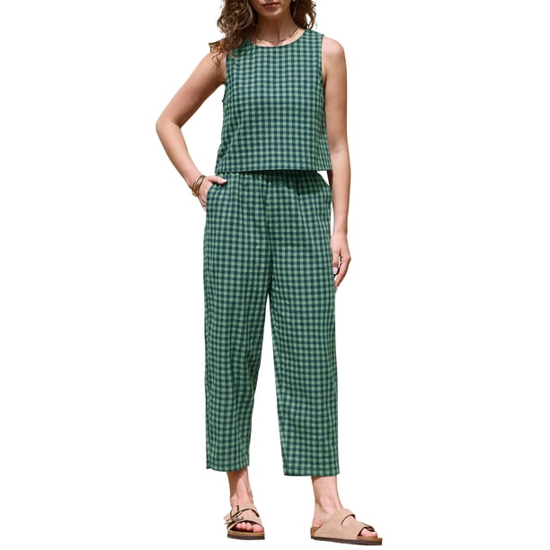 INSPIRE CHIC Conjunto de descanso de 2 piezas para mujer, top corto sin mangas y pantalones de pierna ancha, conjunto de verano a juego L Verde oscuro