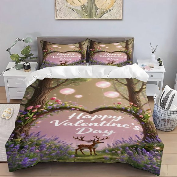 3pcs Valentine's Day Visual Creation Pattern Digital Print Set Polyester Light Beige-Friendly Fabric