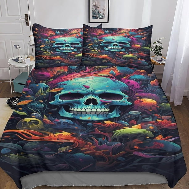 Funda nórdica de 3 piezas con estampado de calavera y flores, juego de ropa de cama 3D con funda de edredón de esqueleto malvado, funda de edredón de microfibra suave, con fundas de almohada