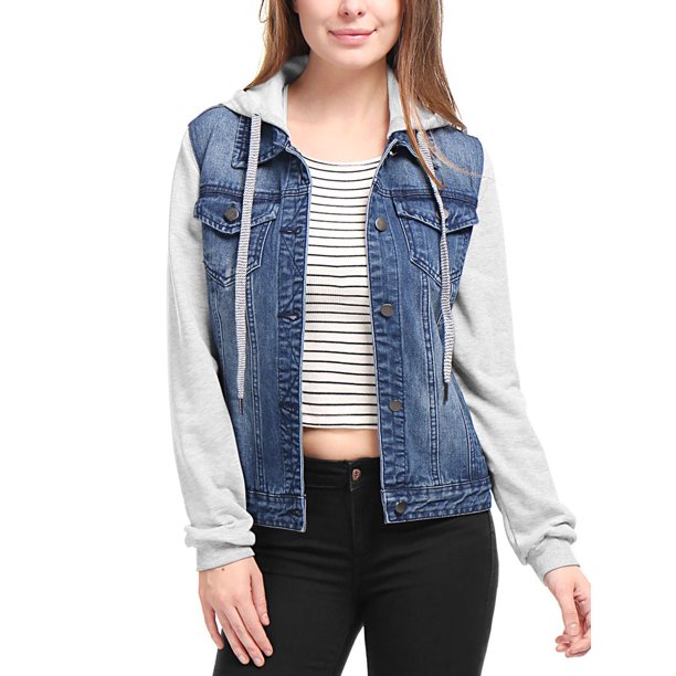 INSPIRE CHIC Chaqueta de Mezclilla Lavada para Mujer con Mangas en Contraste, Capucha con Cordón, Botones y Exterior S Azul Oscuro