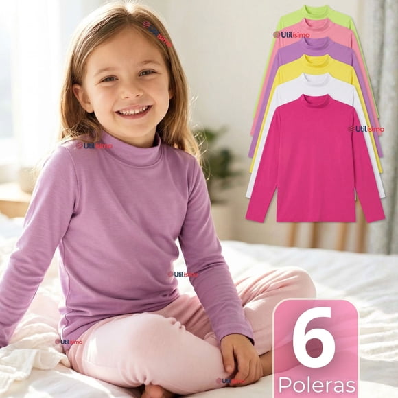 Pack 6 Poleras Camisetas Polar Primera Capa Cuello Beatle Manga Larga Colores Surtido Niña