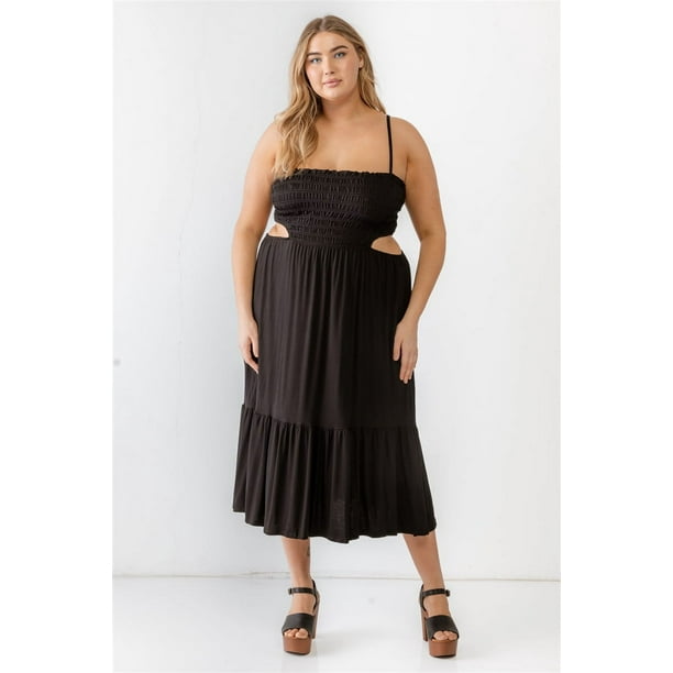 Vestido Midi con Tirantes, Aberturas y Bajo Acampanado con Fruncido