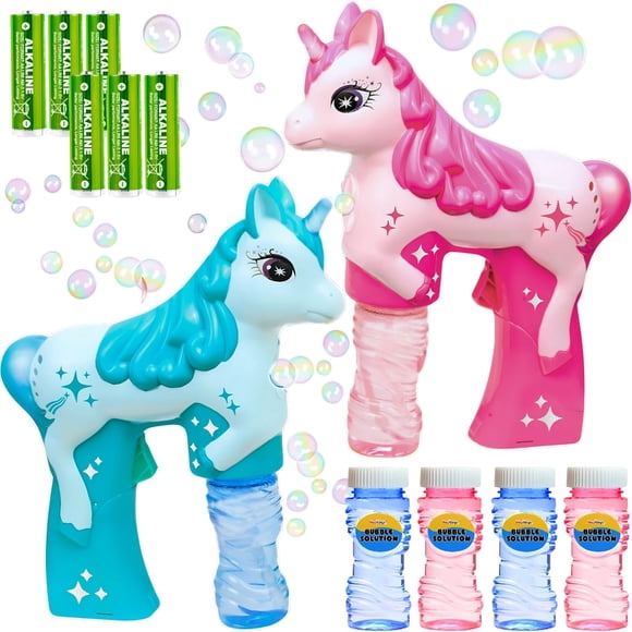 Pistola de burbujas Haktoys Unicorn, paquete de 2 unidades con pilas y recarga