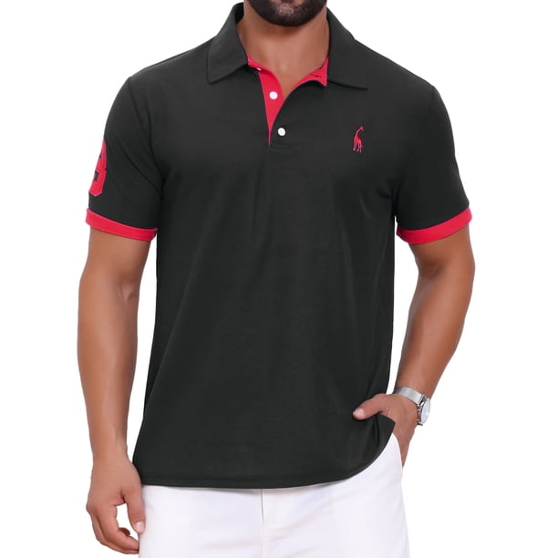 INSPIRE CHIC Camisa Polo de Piqué con Patrón para Hombre Camisas de Polo de Golf de Color Contraste M Negro
