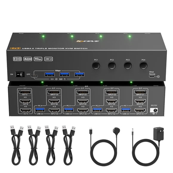 Conmutador KVM MLEEDA 4x3 USB 3.0 4K@60Hz Triple Monitor