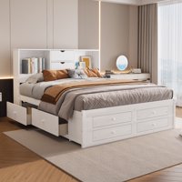 M&Ms - King Size Platform Bed With Storage Headboard And 8 Drawers, White