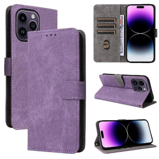 Funda Billetera para iPhone 14 Pro Max con Soporte - Cartera de Cuero con Ranuras Morado