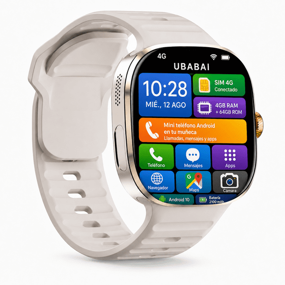 Reloj Inteligente UBABAI Android 10 con SIM 4G LTE, Pantalla AMOLED 2.4", GPS, WiFi y Cámara Giratoria 9MP 4 GB +64 GB