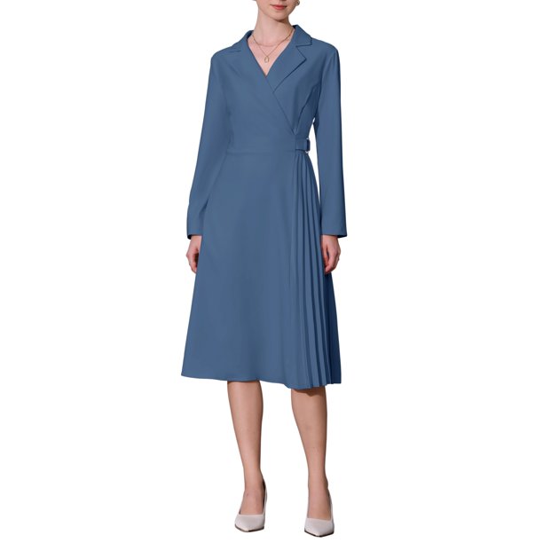 INSPIRE CHIC Vestido Midi Plisado de Línea A con Cuello Envolvente de Solapa para Mujer, Manga Larga, Talla XL, Azul