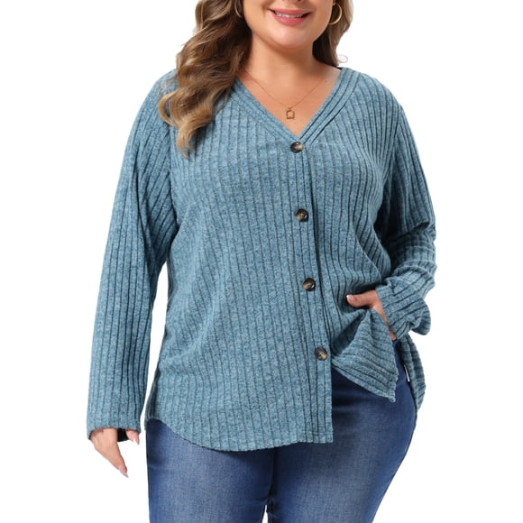 Agnes Orinda Cárdigan de Punto Acanalado para Mujer de Talla Grande Cuello en V con Botones Suéter Casual Ligero y Suave 3X Gris Azul