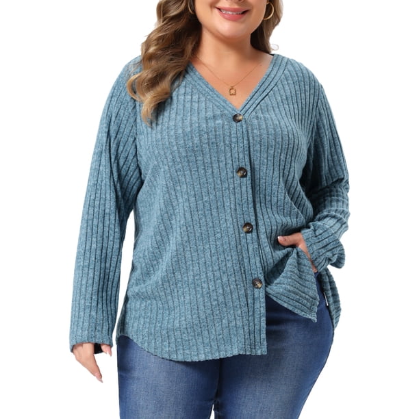 Agnes Orinda Cárdigan de Punto Acanalado para Mujer de Talla Grande Cuello en V con Botones Suéter Casual Ligero y Suave 3X Gris Azul