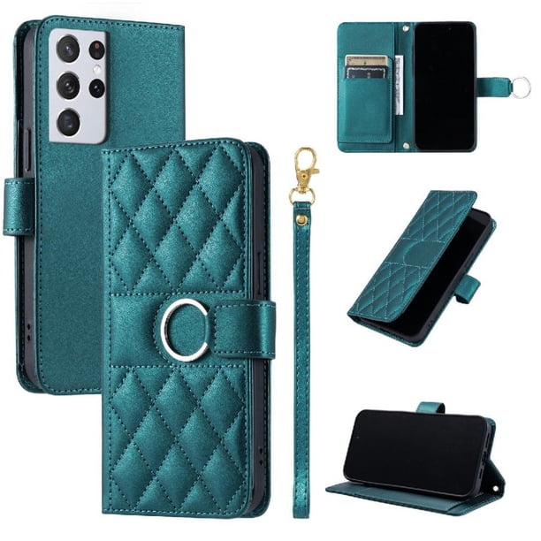 Funda Acolchada con Anilla y Correa para Samsung Galaxy S21 Ultra Slots para Tarjetas Verde