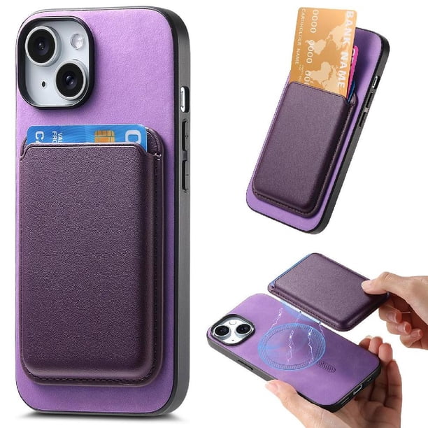 Funda de Cuero Magnética con Tarjetero para iPhone 15 Plus Cubierta Delgada Morado