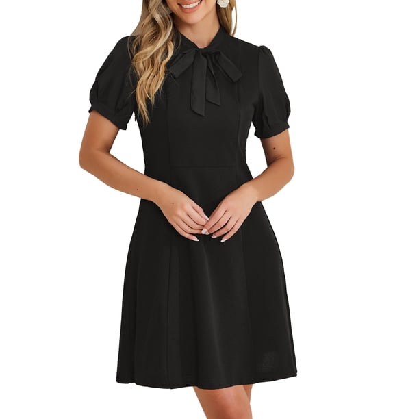 Vestidos Elegantes para Mujeres INSPIRE CHIC Vuelta a Clases Cuello con Lazo Manga Corta Abullonada Vestido para Trabajar S Negro