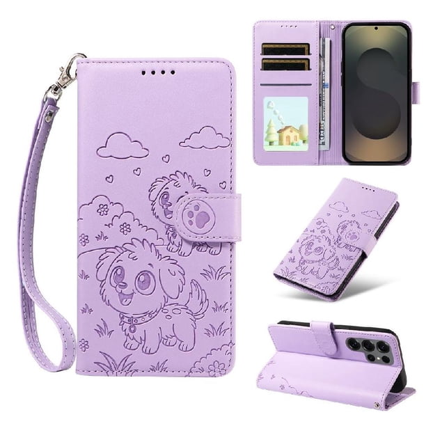 Funda Cartera para Samsung Galaxy S25 Ultra Perro Cachorro Grabado con Tarjetas Soporte Correa Morado