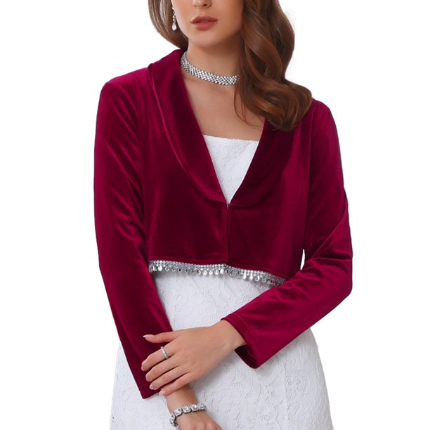 INSPIRE CHIC Bolero de Terciopelo para Vestidos de Noche de Mujer con Manga Larga y Adorno Brillante para Bodas Elegante Cóctel M Burdeos