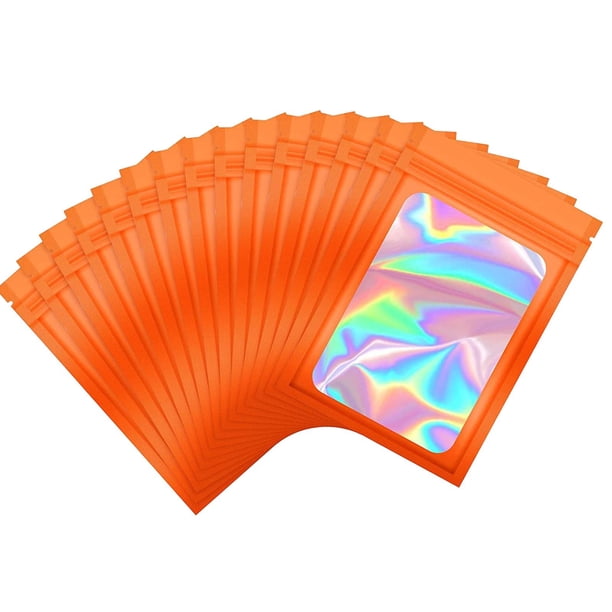 100x Bolsas de embalaje holográficas Ventana transparente impermeable 6x10 cm Olor Bolsas a prueba de Mylar para frutas secas Cosméticos Nueces Organi , Naranja