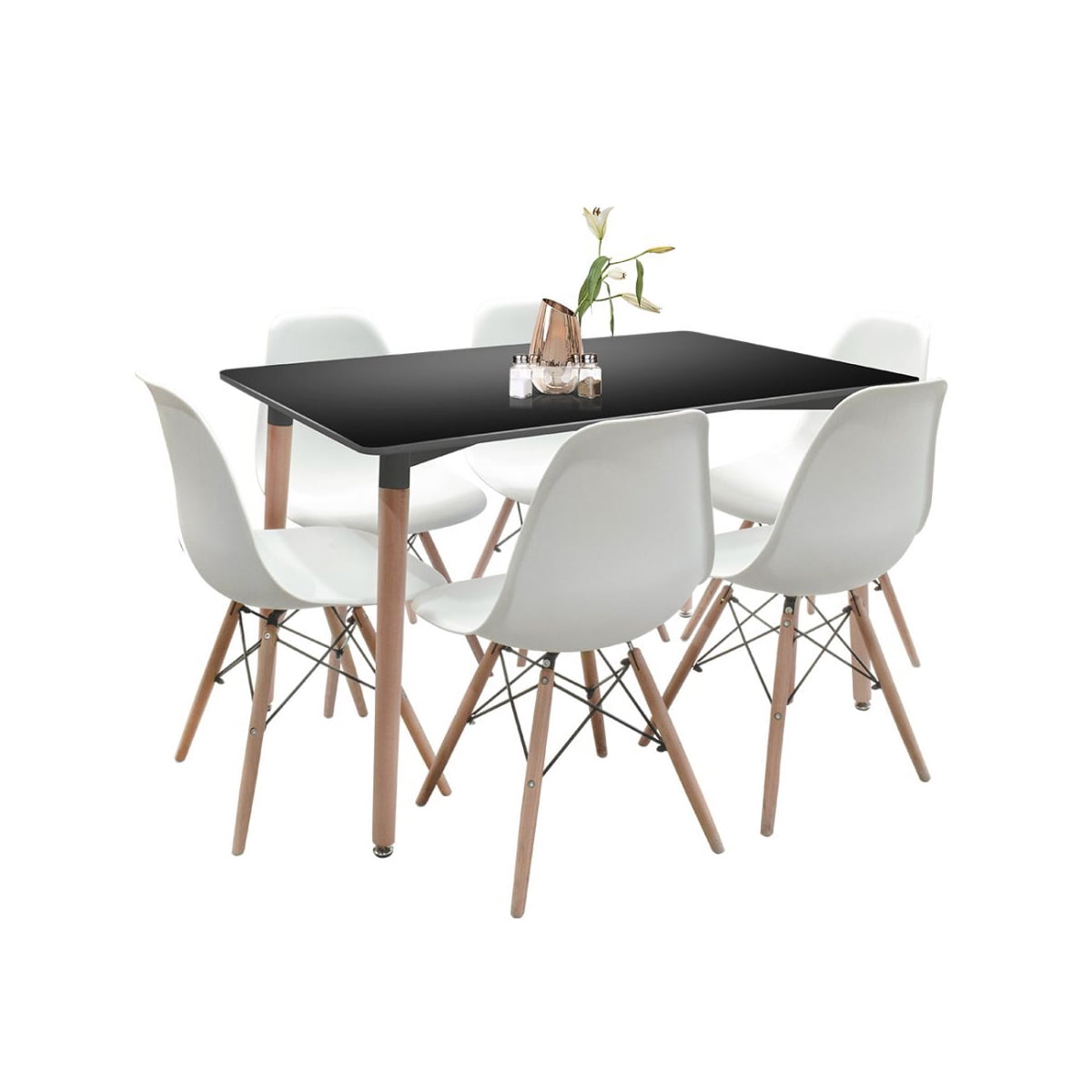 Klik Muebles - Comedor Mesa Rectangular Negra + 6 Sillas Eames Blancas
