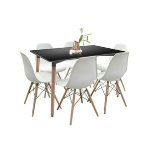 Klik Muebles - Comedor Mesa Rectangular Negra + 6 Sillas Eames Blancas