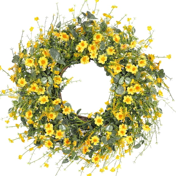 Corona de seda sintética Sggvecsy con forma de margarita amarilla, 60 cm, primavera-verano