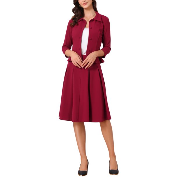 INSPIRE CHIC Conjuntos de Traje de Falda de Negocios para Mujeres 2 Piezas Conjuntos Oficina Chaqueta Blazer de Manga 3/4 Faldas Plisadas XL Rojo Oscuro