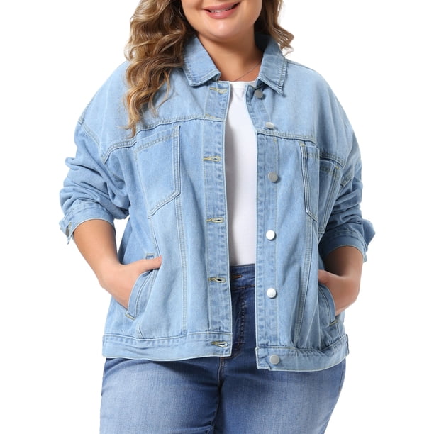 Chaqueta de mezclilla para mujer de talla grande Agnes Orinda para escuela o universidad, con solapa, manga larga, botones, lavado casual, con bolsillo, 3X azul claro