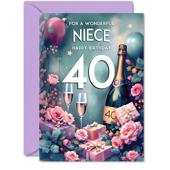 Tarjeta de felicitación Giftzie 40 años para sobrina – Rosa y champán