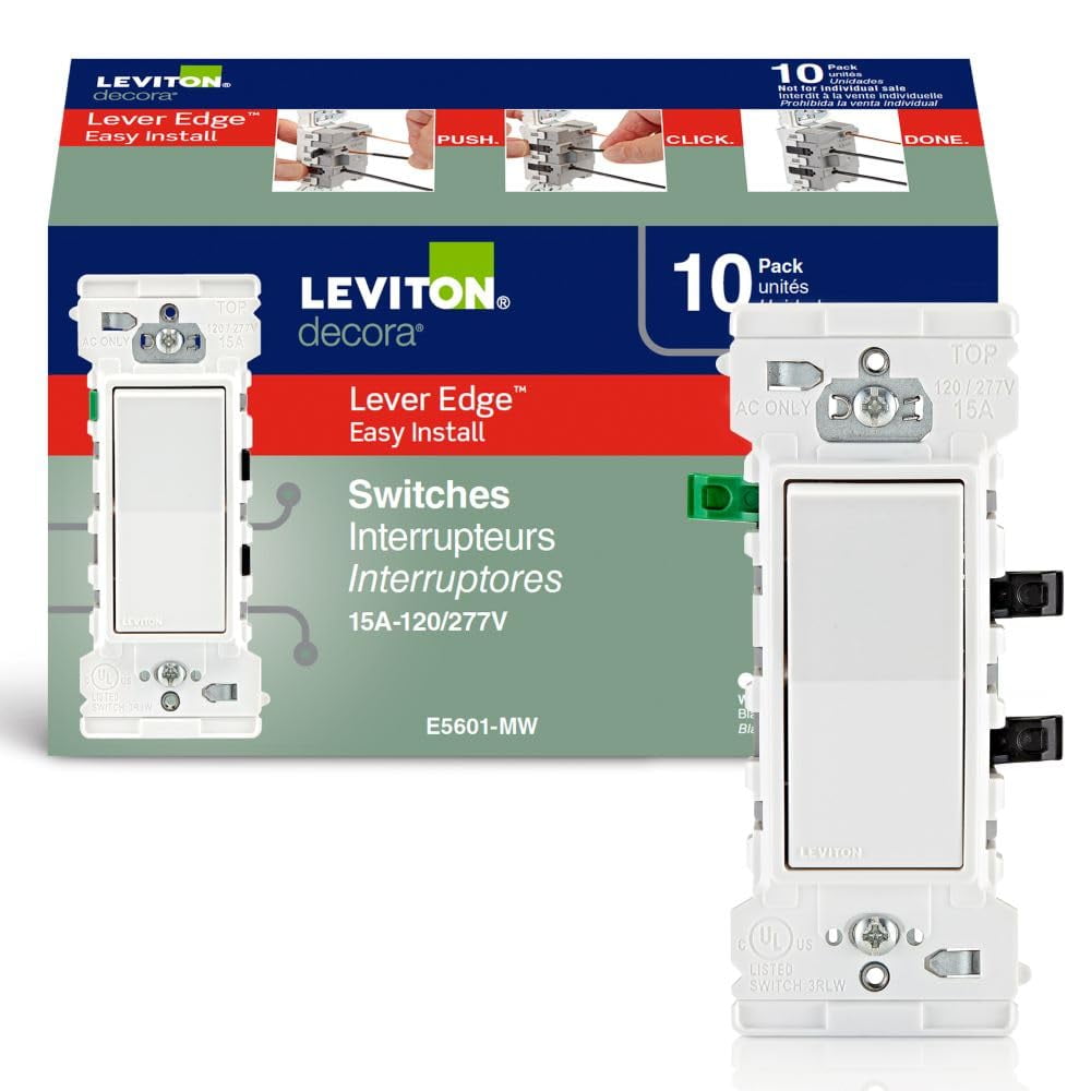 Interruptor Basculante Leviton Lever Edge, 15 A, Unipolar, Paquete De 10 Unidades, Color Blanco