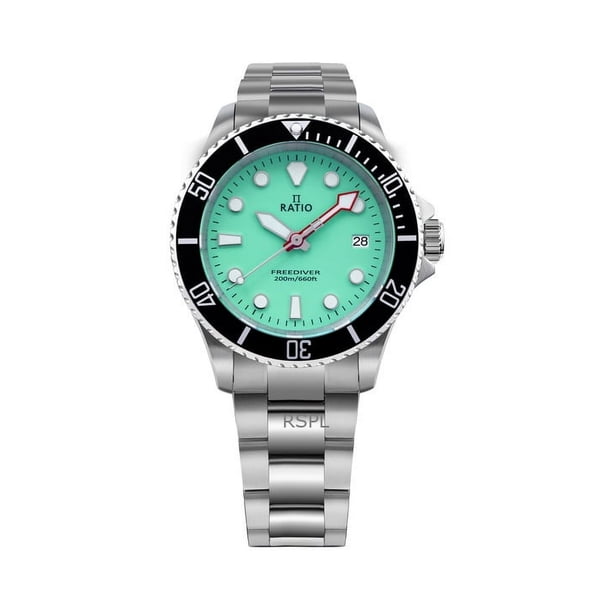 Reloj Ratio FreeDiver Zafiro Acero Inoxidable Esfera Verde Cuarzo RTF039 Reloj de 200 M para Hombre