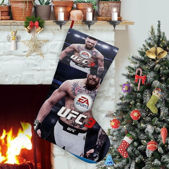 UFC Tema: Calcetines de Navidad, fino lino blanco para colgar en escaleras y chimenea, decoración navideña para el hogar, regalo de Navidad. 45cm × 32cm