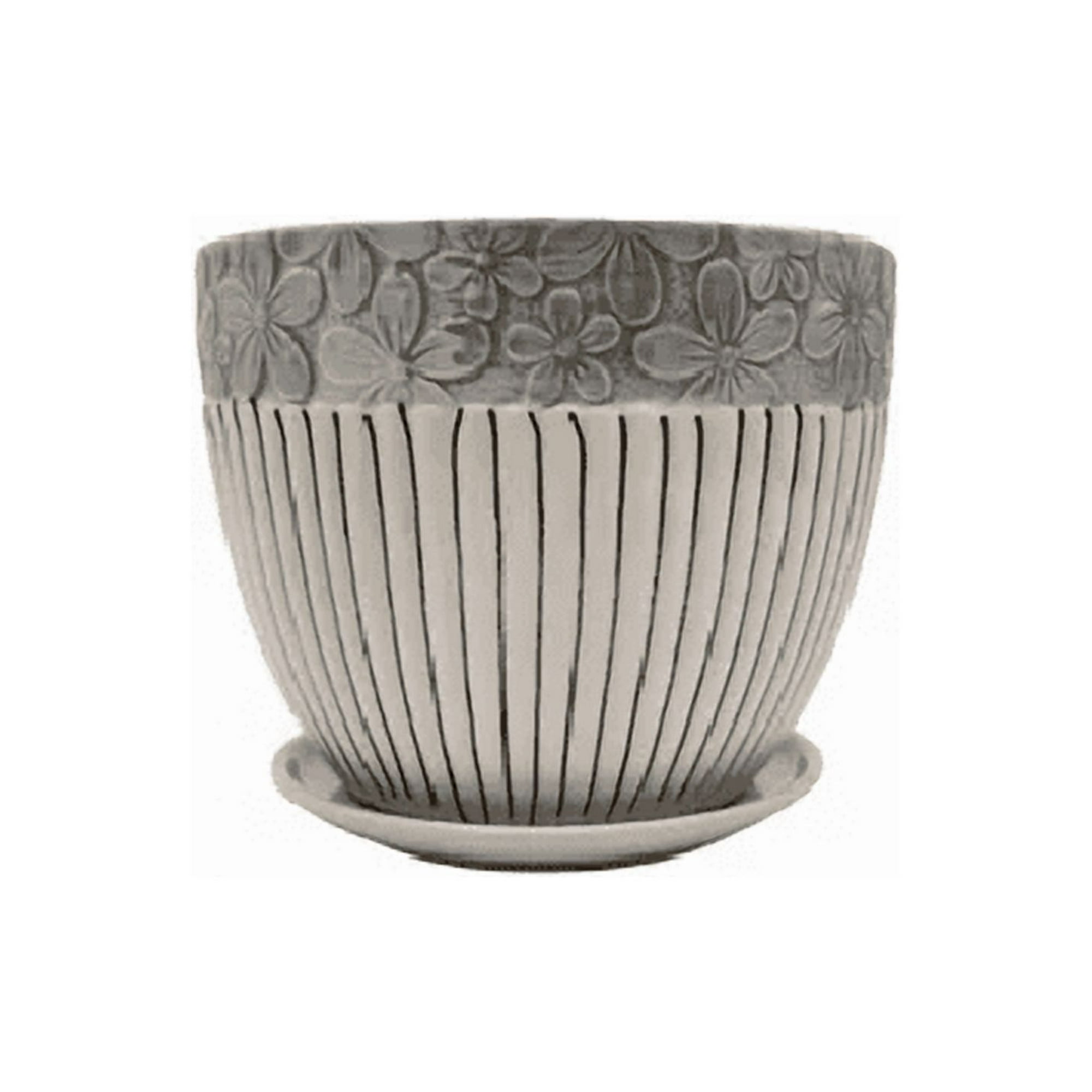 Genérico - Set De 3 Maceteros Cerámica Blanca Con Flores Y Líneas