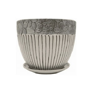 Genérico - Set De 3 Maceteros Cerámica Blanca Con Flores Y Líneas