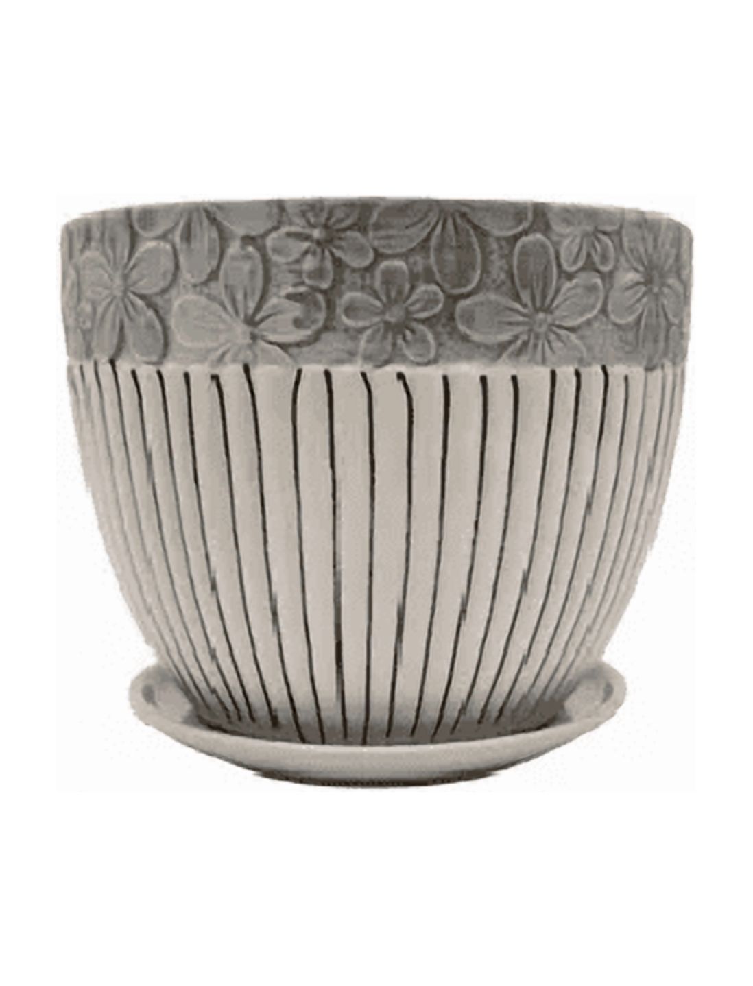 Genérico - Set De 3 Maceteros Cerámica Blanca Con Flores Y Líneas