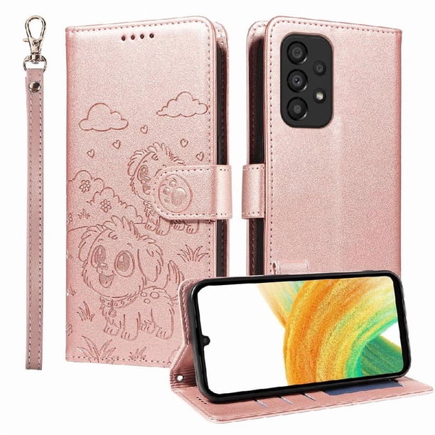 Funda Cartera para Samsung Galaxy A33 5G Perro Cachorro Grabado con Tarjetas Soporte Correa Rosa