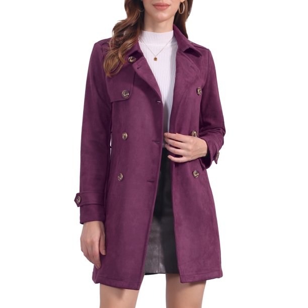 INSPIRE CHIC Abrigo de Trinchera de Doble Botonadura con Solapa de Muesca para Mujer de Imitación de Gamuza Talla S Fucsia Rosa
