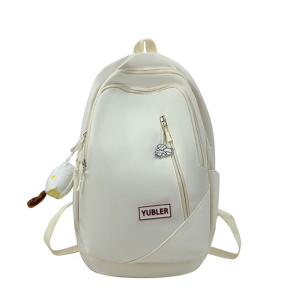 1pc Simple Solid Color Backpack With Cute Pendant, Junior High School Schoolbag Large Capacity Travel Backpack, Simple College Students Backpack
