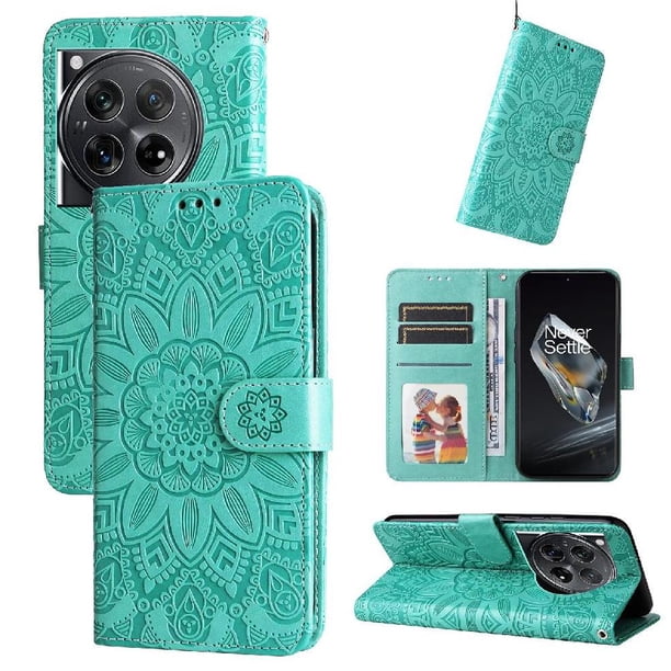 Funda tipo cartera FOXDOCK para OnePlus 12 , diseño girasol en relieve, cuero PU, cierre magnético, soporte y tarjetero