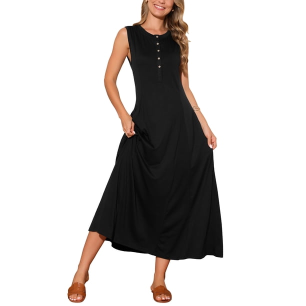 INSPIRE CHIC Vestidos sin mangas para mujer con botones, ajuste acampanado, línea A, fluido, casual, vestidos largos, atuendos de verano, talla S, negro