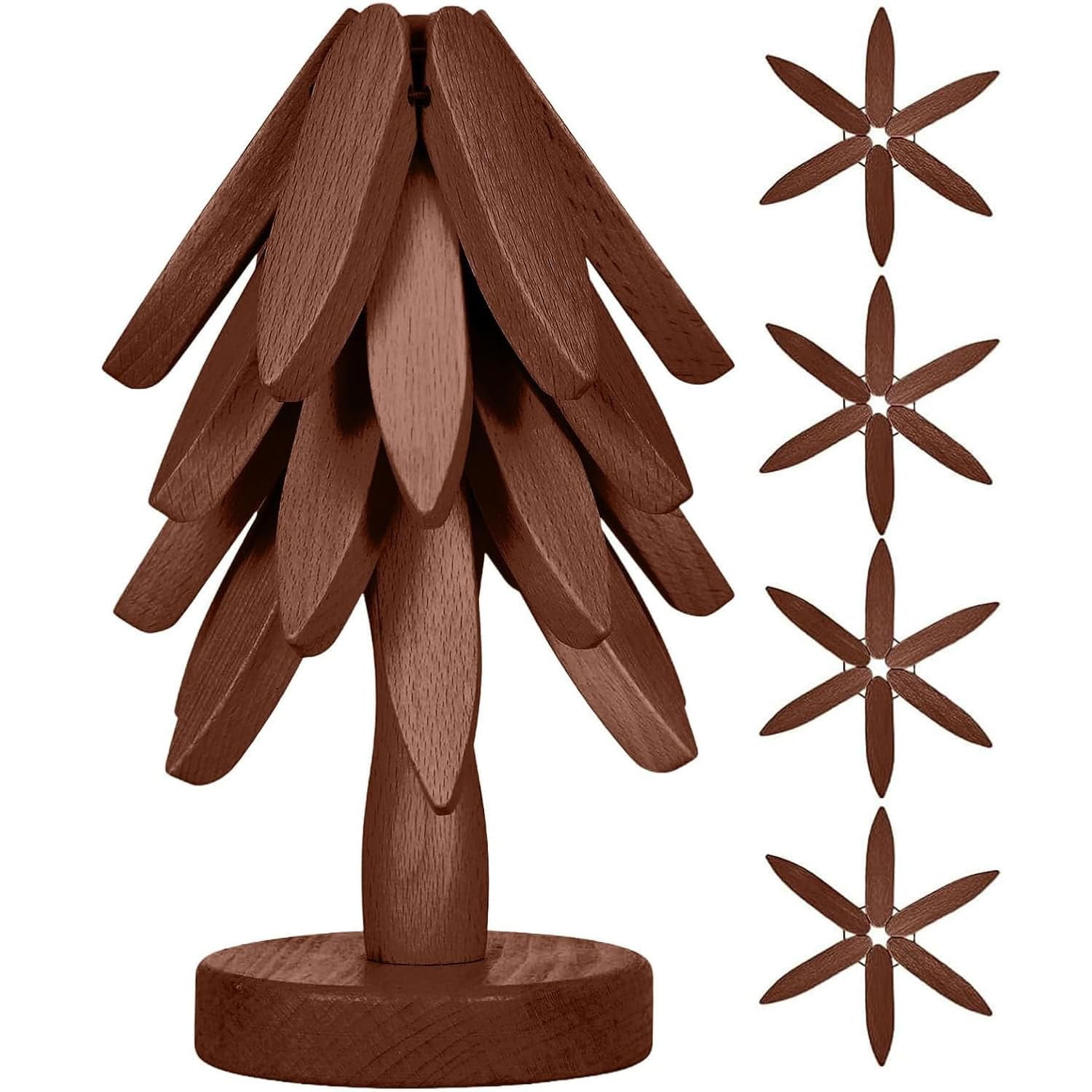 Xusx111 - Conjunto De Copa De Madera Coaster,árbol Forma Trivet Set,árbol Coasters- 4 Trivets De Madera + 1 Soporte Almacenado Para Plato Caliente / Maceta / Tazón / Tetera / Maceta Caliente Set (marr